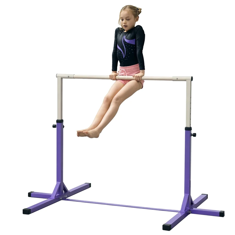 HOMCOM Gymnastics Bar, Height Adjustable Gymnastics Horizontal Bar for Kids, Home Gym Training Children Junior Kip High Bar Fitness, Purple