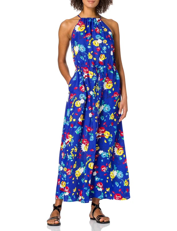 Love Moschino Women's Long Cinched Allover Pop Art Flowers Print, with Halter Neck and Elasticated Waist. Casual Dress - - 16 - Image 1