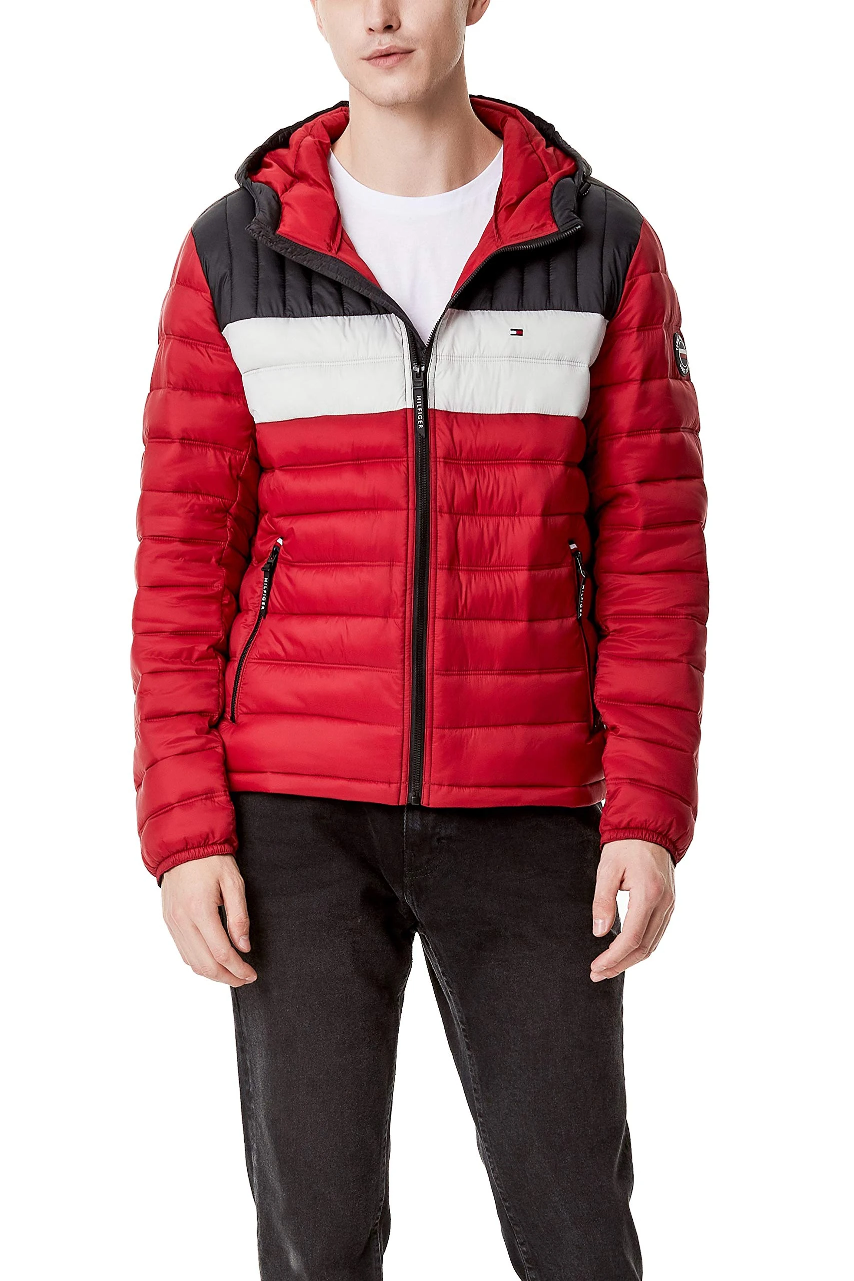 Tommy Hilfiger Men's Water Resistant Ultra Loft Filled Hooded Puffer Jacket Down Alternative Coat, Black/Ice/Red Colorblock, L