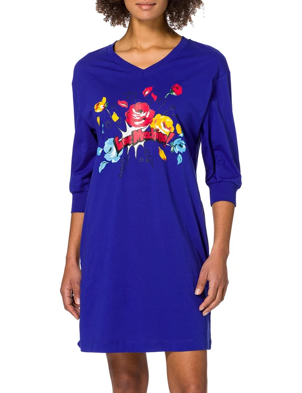 Love Moschino Women's Cotton Jersey Loose-fit Dress, with Elbow Sleeves Gathered at The Bottom_Multicolor Flowers Print and Logo. Casual, Blue, 12