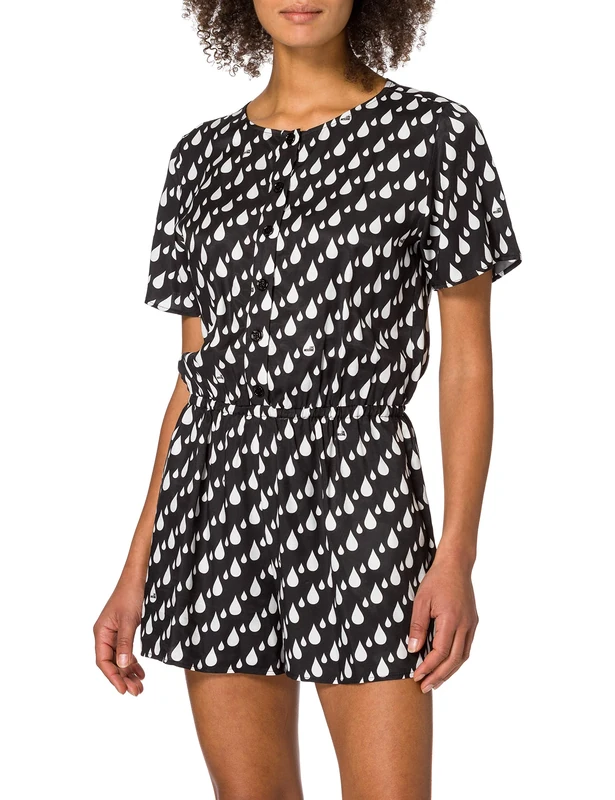 Love Moschino Women's Fluid Viscose Twill Short-Sleeved Playsuit in Allover Drops Print Casual Dress, Gocce Bcq F Ner, 20