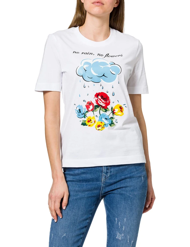 Love Moschino Women's Cotton Jersey T-Shirt_Multicolor Flowers Print, Optical White, 18