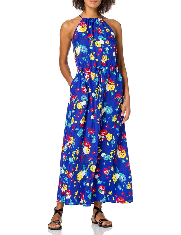 Love Moschino Women's Long Cinched Dress in Allover Art Flowers Print, with Halter Neck and Elasticated Waist. Casual, Fiori Pop F.blu, 20