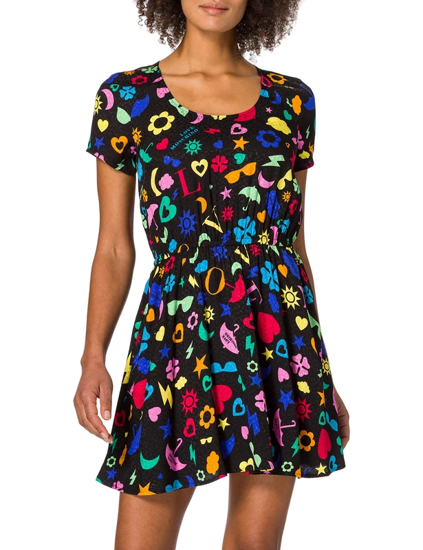 Love Moschino Women's Short-Sleeved Dress in Allover Multicolor Symbols Print, with Flared Skirt and Elasticated Waist. Casual, All.Symbol F.ne, 18