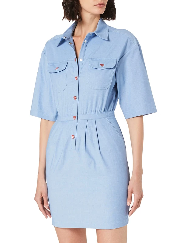 Love Moschino Women's Yarn-Dyed Stretch Shirt Dress, with Wide Elbow Sleeves and Pencil Skirt with French Pockets. Casual, Oper.str.azzurr, 22