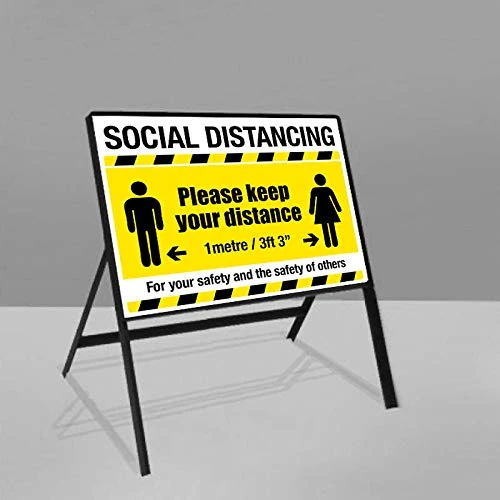 1 metre social distancing sign 600x450mm rigid pvc sign c/w steel frame and clips