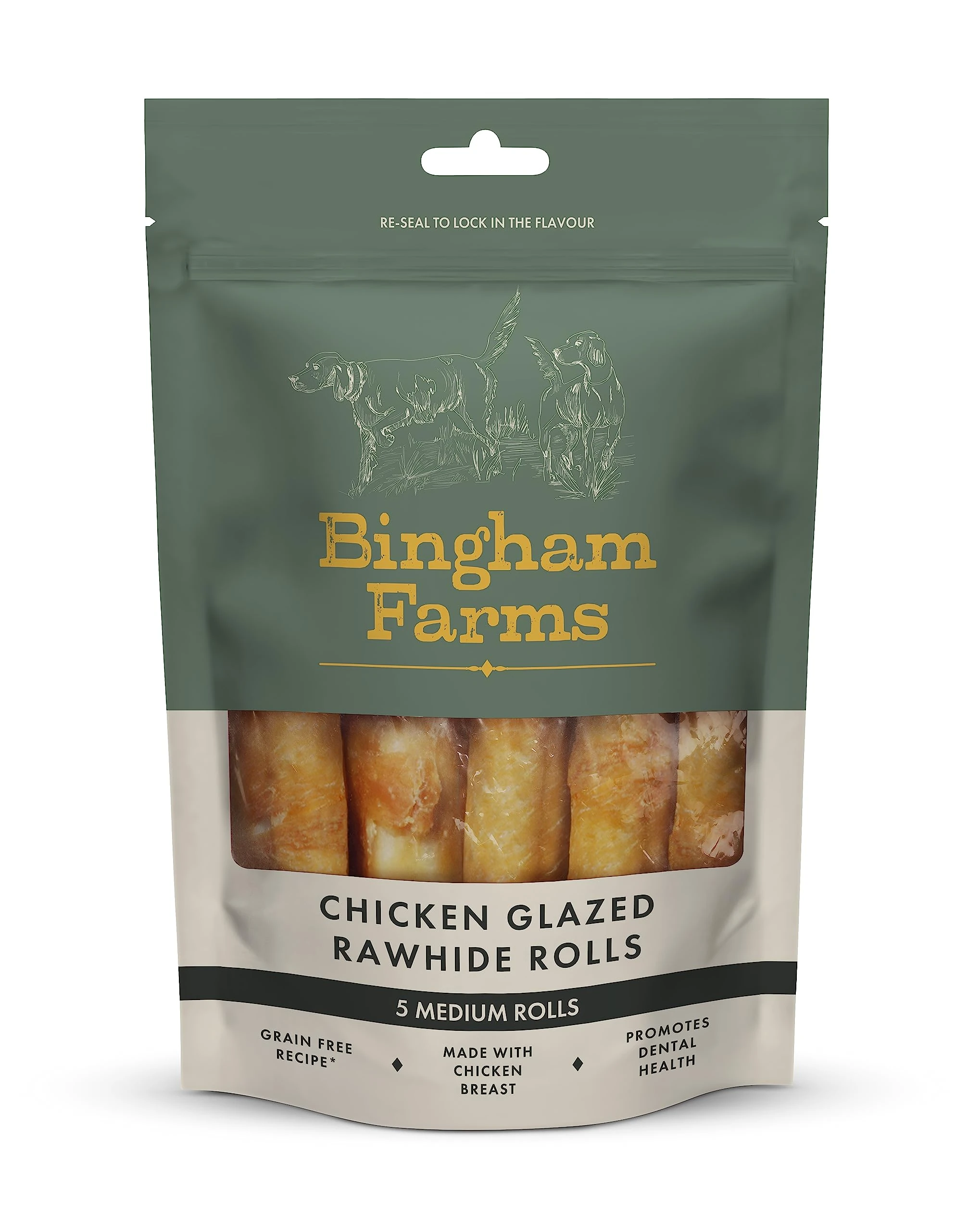 Bingham Farms Chicken Glazed Rawhide Roll Dog Treat – Dental Chew, Nutritious, Natural Flavour, High Protein – Medium - 5 pk - 90 g
