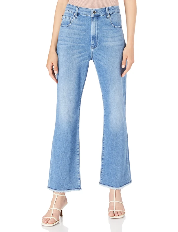 Moschino Women's Denim 5-Pockets Cropped Flare fit Trousers, Frayed Hem_Maxi Rainbow Shiny Satin Heart Casual Pants, Blue Jeans, W27