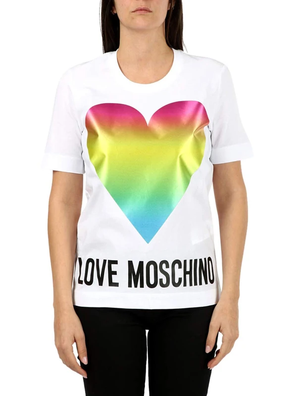 Love Moschino Women's Cotton Jersey T-Shirt_Rainbow Shiny Satin Maxi Heart, Optical White, 18