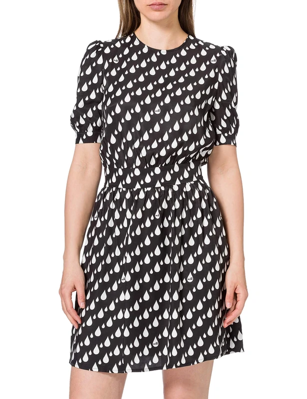 Love Moschino Women's Short Dress in Allover Drops Print, with Flared Skirt, Slightly Puffed Elbow Sleeves Casual, Gocce Bcq F Ner, 16