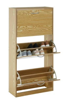 Premier Housewares Shoe Storage Cabinet, Shoes Cupboards for Hallways, Oak Wood, w60 x d24 x h117cm, Brown - 3 Tier - Image 1
