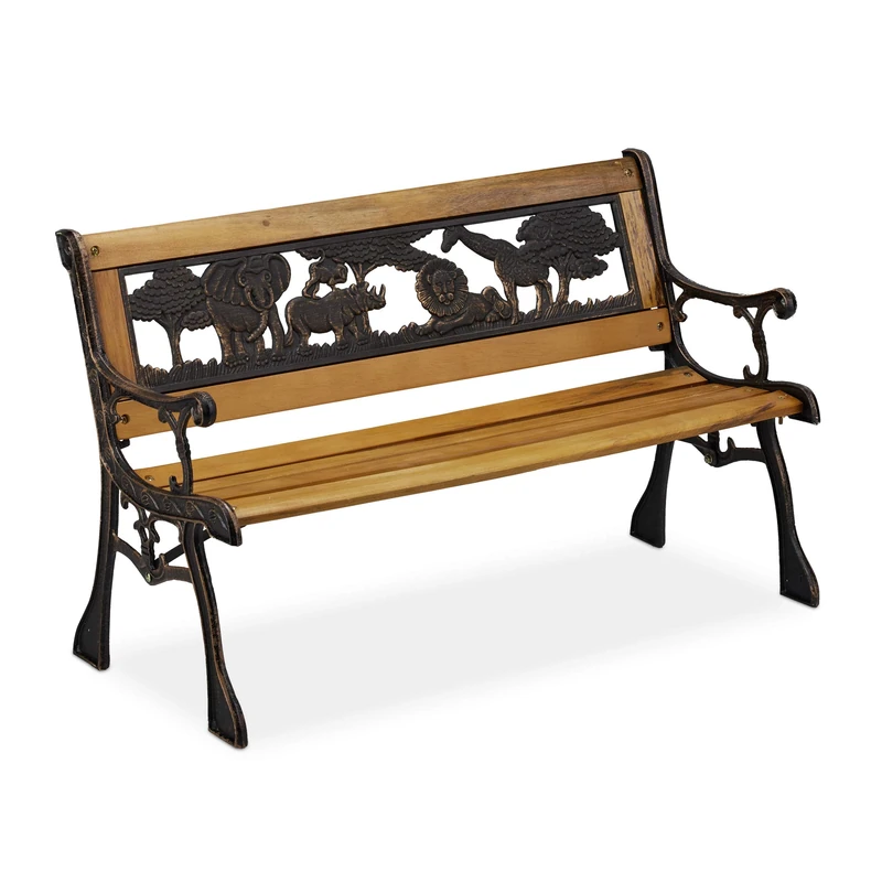 Relaxdays Children's Garden Bench, Comfortable, Balcony, Terrace, Stable, Steel & Wood, HWD: 51x83x37 cm, Black/Natural