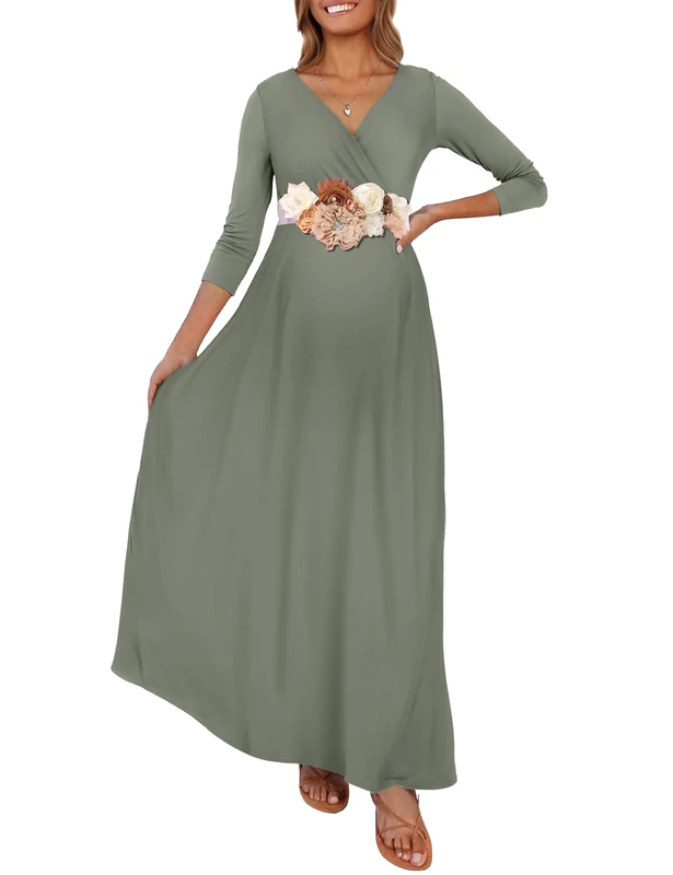 KIM S Maternity Maxi Dress with Flower Sash(S-3XL)/Wrapped Ruched V Neck Photoshoot Baby Shower Dresses, Light Olive, M