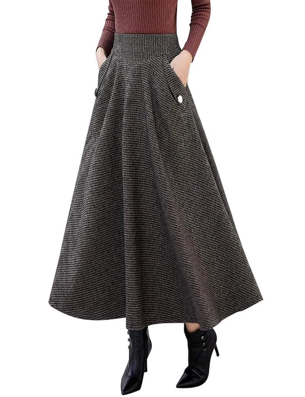 IDEALSANXUN Women’s Fall Winter High Waisted Wool Plaid A-line Long Skirt, Coffee, XL