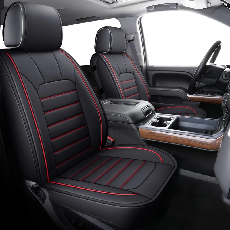 LUCKYMAN CLUB 56-SLD Seat Covers Fit for 2007-2023 Chevy Sierra Silverado 1500/2500 HD / 3500 HD Crew,Double,Extended Cab with Water Proof Faux Leather (Black & Red Full Set)