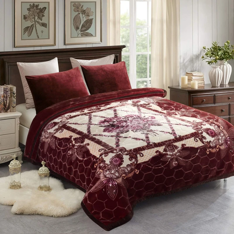 JML 10 Pounds Heavy Plush Soft Blankets for Winter， Korean Style Mink Velvet Fleece Blanket - 2 Ply A&B Printed Raschel Red Blanket, Dark Purple Floral