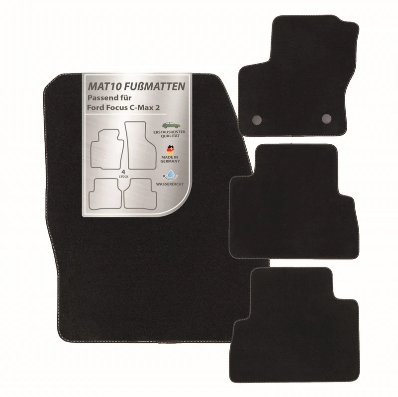 MAT10 Silver Line: Ford C-Max II Compact Van Year of Manufacture 2010-04 - 2015-05 Car Floor Mats Velour Premium Quality 4-Piece Black Guaranteed Fit