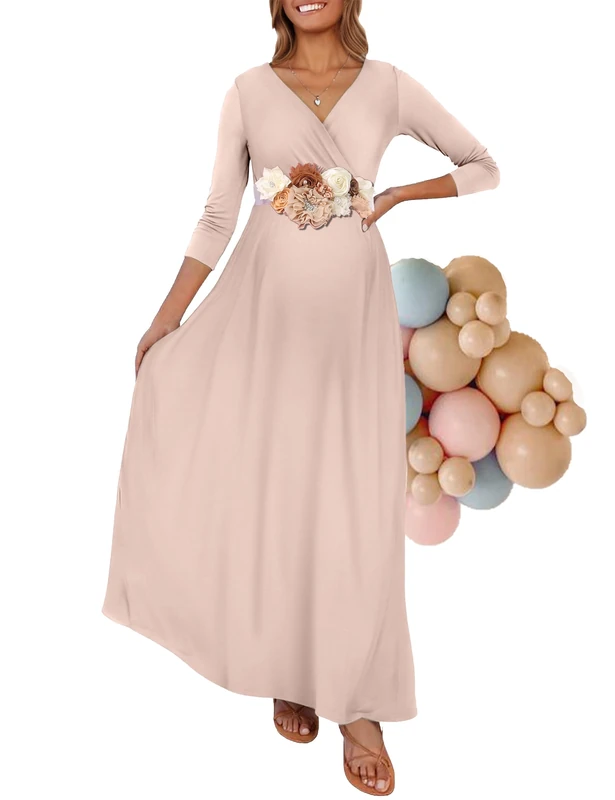 KIM S Maternity Maxi Dress with Flower Sash, Wrapped Ruched V Neck Photoshoot Dress with Pocket - Beige - Medium