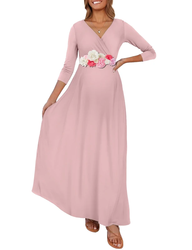 KIM S Maternity Maxi Dress with Flower Sash(S-3XL)/Wrapped Ruched V Neck Photoshoot Baby Shower Dresses, Dusty Pink, Medium
