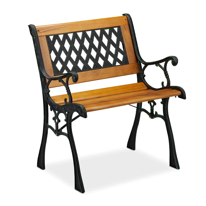 Relaxdays Garden Chair with Armrest, Loadable, Low, Vintage Design, Wood & Cast Iron, 73 x 62 x 52,5 cm, Natural/Black