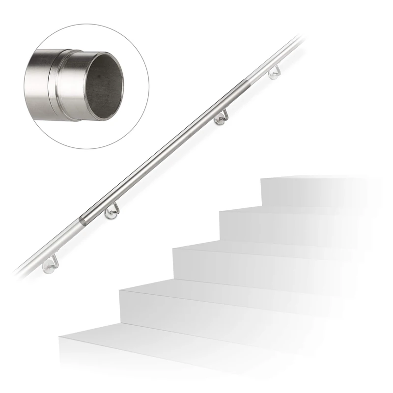 Relaxdays Handrail, Stair Rail, Extendable, Indoor, Outdoor, Round, Ø 42 mm, Stainless Steel, Bracket, 100 cm, Silver
