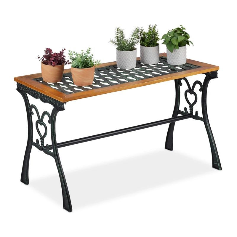 Relaxdays rectangular garden table, outdoor, vintage design, patio, wood & cast iron, black/brown