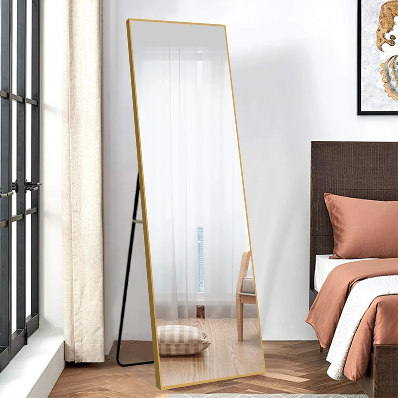 NeuType Full Length Mirror Standing, Hanging or Leaning Against Wall - Rectangle Floor or Wall-Mounted for Bedroom, Bathroom, Living Room - Gold Frame with Stand, 59"x20"