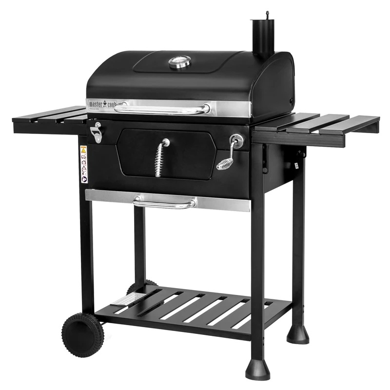 MasterCook Steel Charcoal Barbecue with Strong and Stable Wheels with Double Grill, Thermometer and BBQ Basket Adjustment, Charcoal Barbecue with Side Shelves