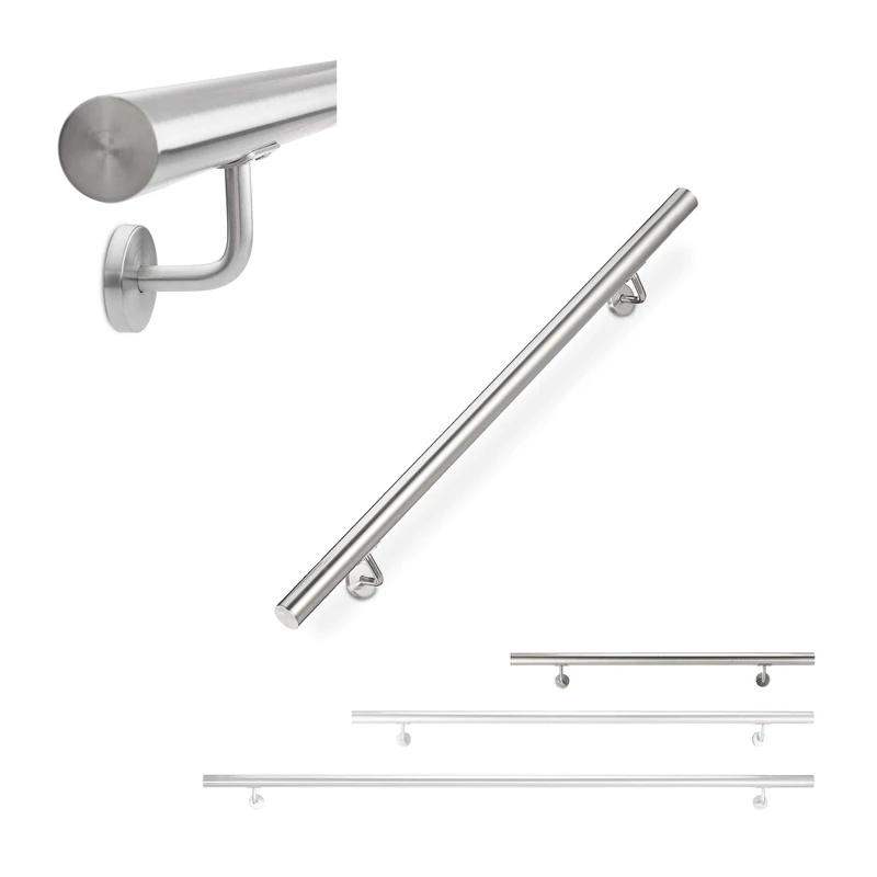 Relaxdays Handrail, Stair Rail, Indoor & Outdoor, Round, Ø 42 mm, Stainless Steel, with Bracket, 100 cm, Silver