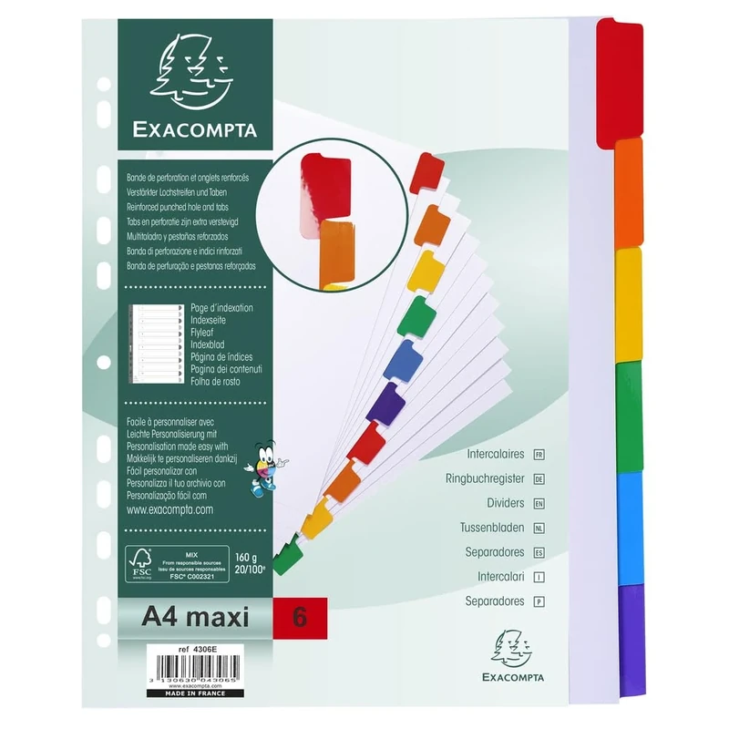 Exacompta - Ref 4306E - Document Dividers - Suitable for A4+ Documents, 160gsm White Card, Plastic-Coated Multicoloured Tabs, Pre-Punched, FSC-Certified, 6 Sections