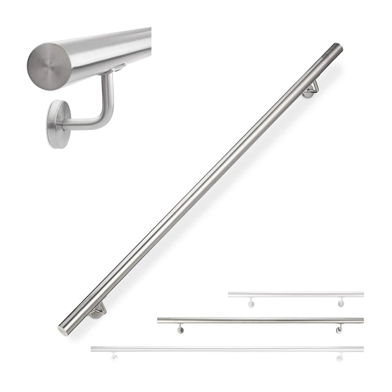 Relaxdays Handrail, 304 Stainless Steel, Matt, Round Stairs, Indoor and Outdoor, 150 cm, Diameter 42 mm, with Bracket, Silver