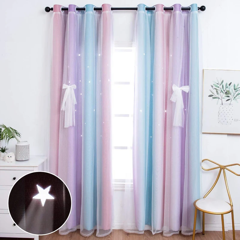Unistar 2 Panels Blackout Stars Curtains for Kids Girls Bedroom Aesthetic Living Room Decor Colorful Double Layer Star Cut Out Stripe Pink Rainbow Window Wall Home Decoration Curtain,W52 x L84 Inches