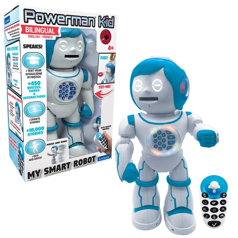 LEXIBOOK Powerman Kid- Educational and Bilingual English/Spanish Robot - Walking Talking Dancing Toy - STEM Programmable Creating Stories - Quizzes Shooting Discs- ROB90EN