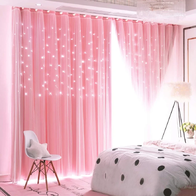 Unistar 2 Panels Stars Blackout Curtains for Bedroom Girls Kids Baby Window Decoration Double Layer Star Cut Out Aesthetic Living Room Decor Wall Home Curtain,W52 x L63 Inches,Pink