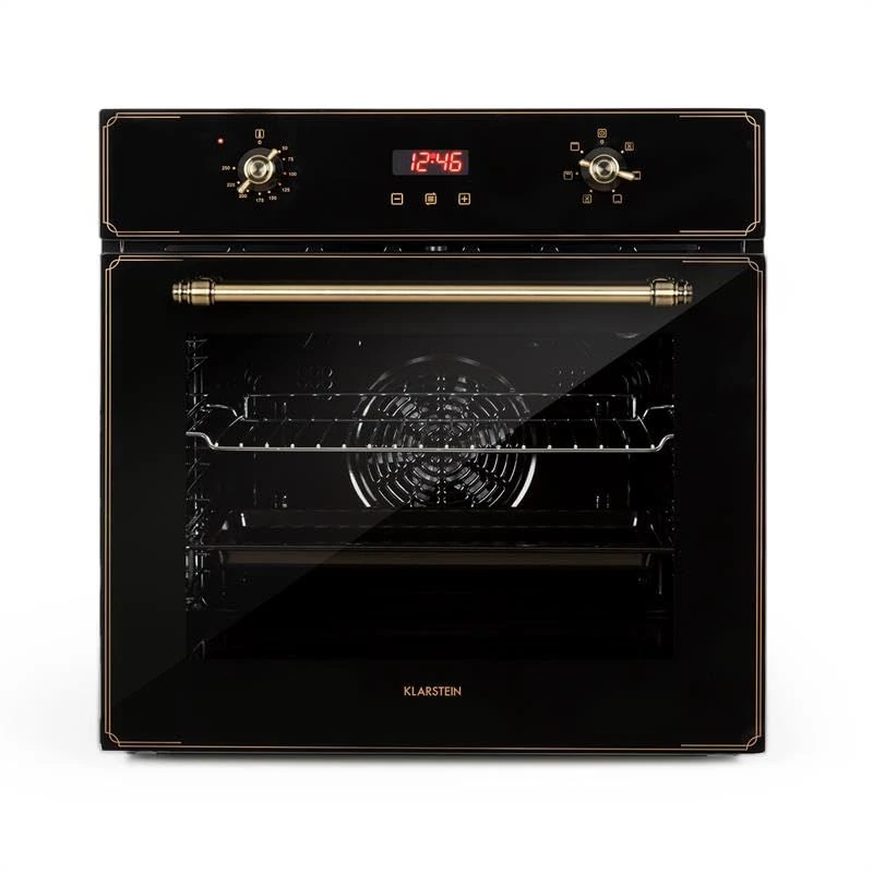 Klarstein Elizabeth - Electric Built-in Oven, Retro Design, 70L, EEC A, Self-Sufficient, Convection/Top/Bottom Heat/Grill, 2200 W, 50-250 °C, Rotary Control and Door Handle in Brass Look, Cream