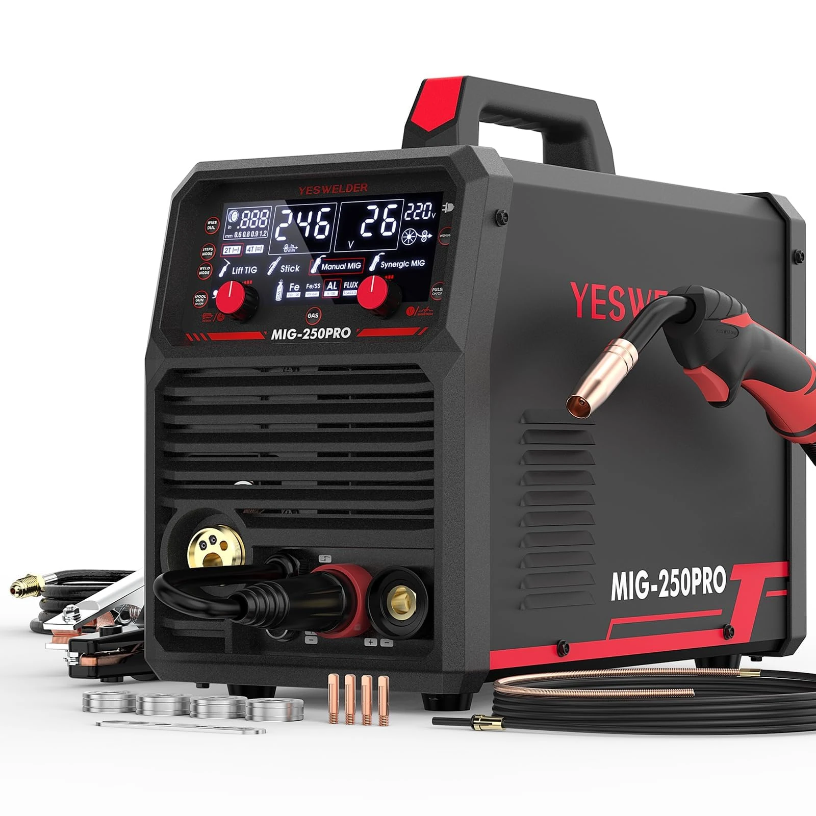 YESWELDER MIG-250 PRO Aluminum MIG Welder, 250Amp 220V, Gas MIG Gasless Flux Core Welding Machine MIG/Lift TIG/Stick 4 in 1 Welder, Spool Gun Compatible