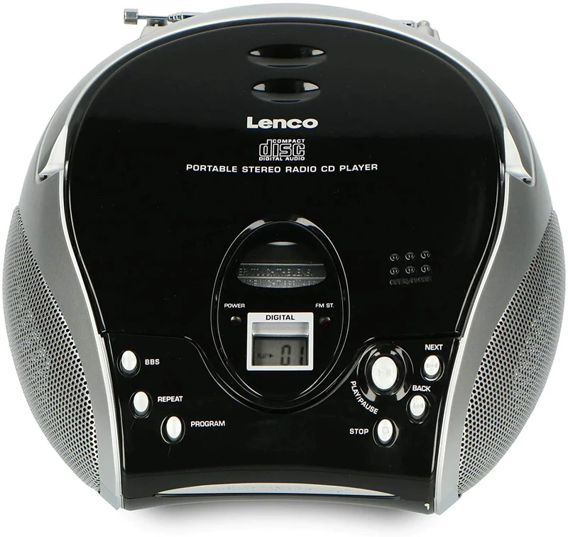 Lenco SCD-24 Portable Stereo Boombox with CD Player & FM Radio – Black/Silver
