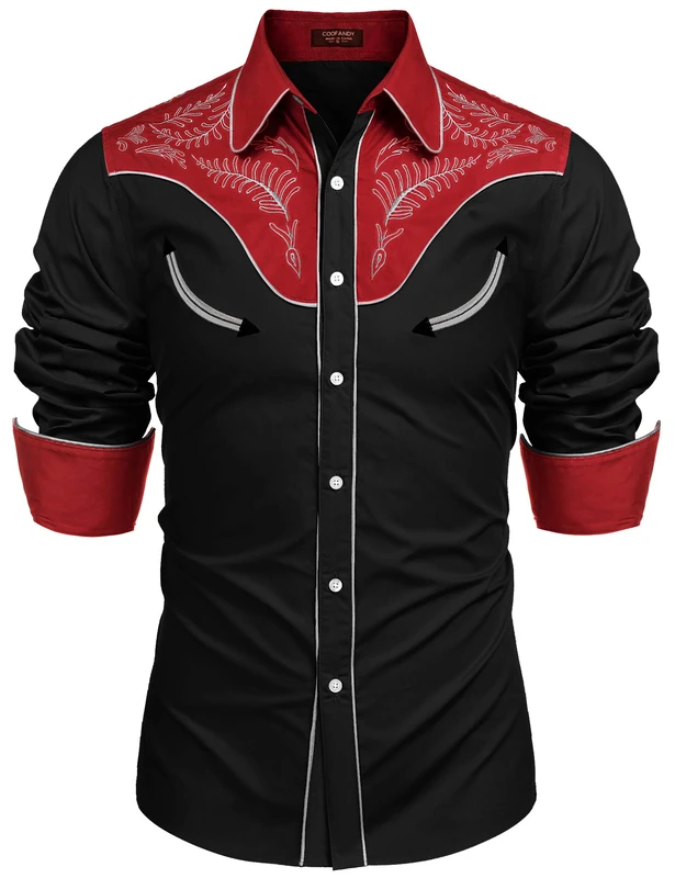 COOFANDY Men's Western Cowboy Embroidered Long Sleeve Button Down Shirt - - XL