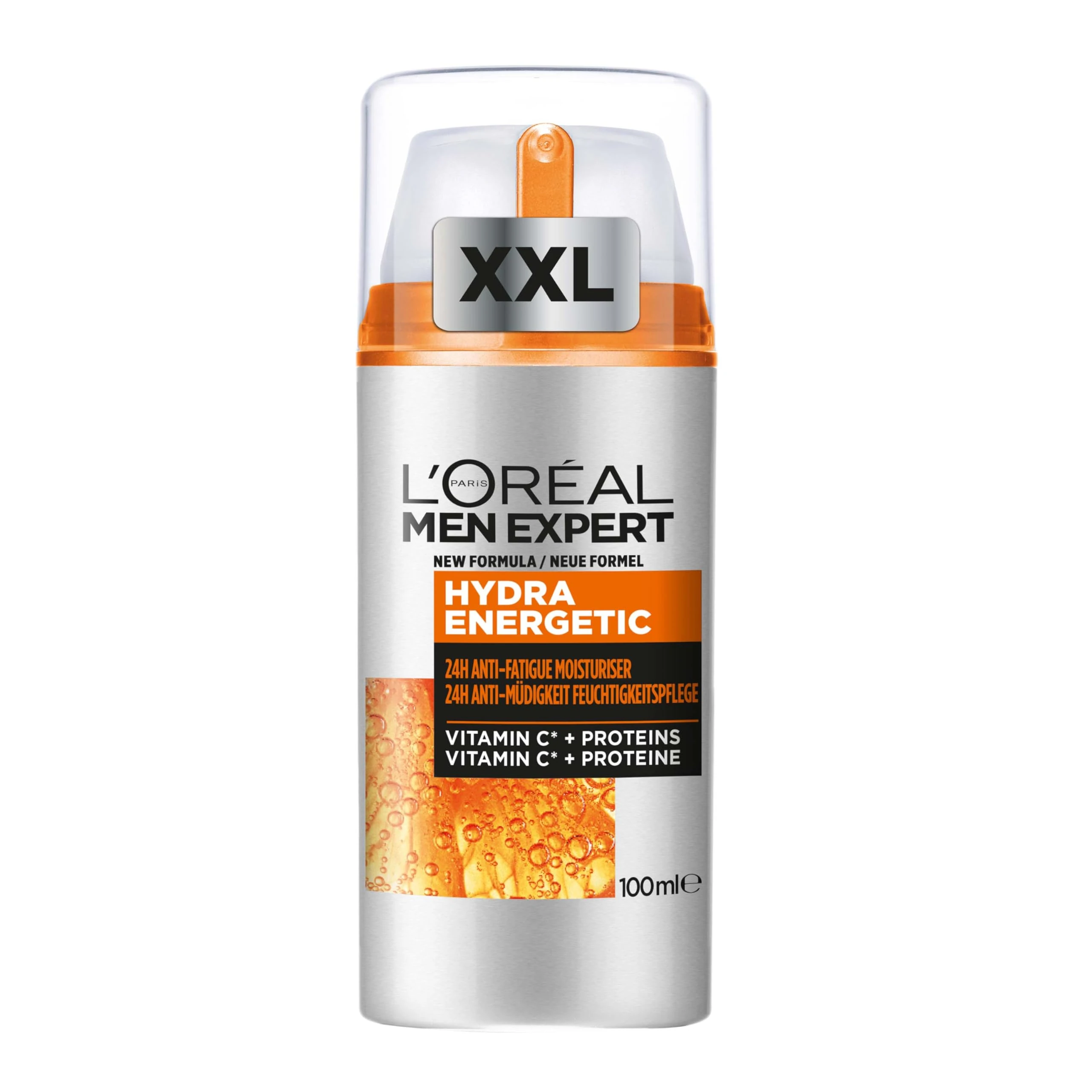 L'Oréal Men Expert Hydra Energetic XXL Moisturiser: 24H Anti-Fatigue Hydration. Energises Men's Skin, Fighting Signs of Fatigue with Vit C & Protein. Fast-absorbing even on beards. 100ml.