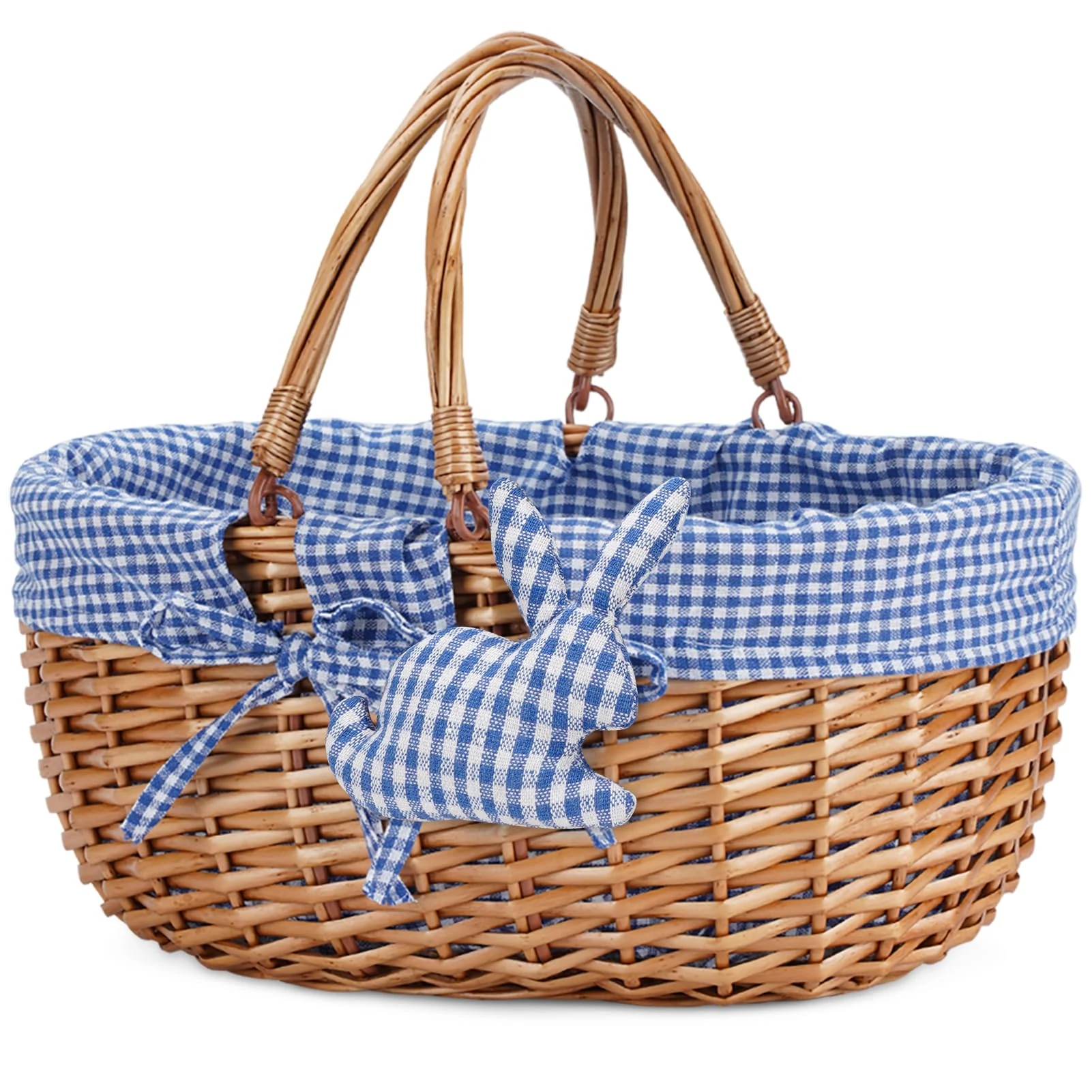 G GOOD GAIN Wicker Picnic Basket with Double Folding Handles,Willow Picnic hamper,Natural Hand Woven Easter Basket,Easter Eggs and Candy Basket,Bath Toy and Kids Toy Storage,Gift Packing basket.Blue