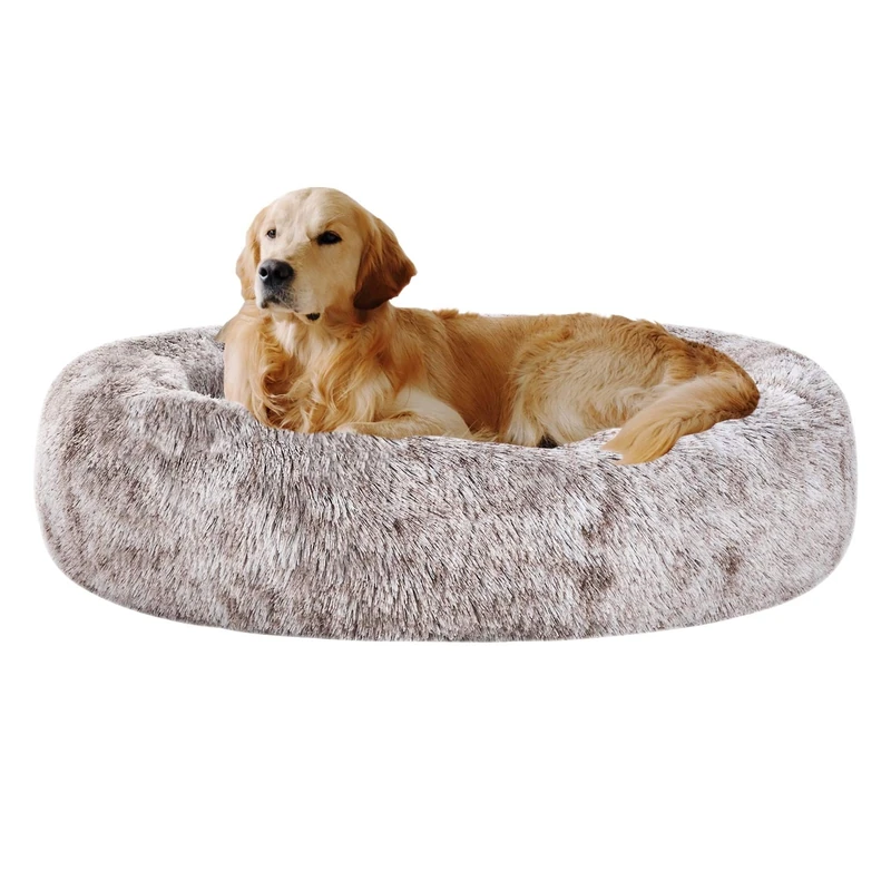 Coohom Oval Calming Donut Cuddler Dog Bed,Shag Faux Fur Cat Bed Washable Round Pillow Pet Bed(30"/36"/43") for Small Medium Dogs (XL(36"x27"x7"),Light Brown) - Image 1