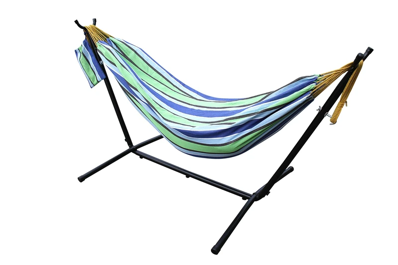 Ross James Garden Furniture, 100% Double Cotton Hammock with heavy Duty Metal Stand with over 200kg Weight Capacity (2020 Model) (Celeste and Yellow Stripe)