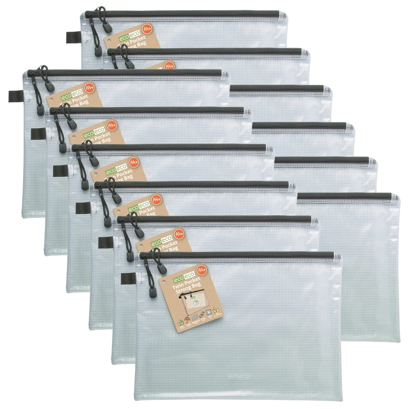 eco-eco A4+ 95% Recycled Twin Pocket Super Strong Bag, Waterproof Mesh Tuff Bag, Reinforced, Black Zip Closure, 2 Pockets (Pack of 12) eco062x12