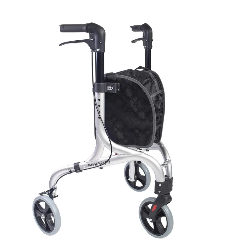 NRS Healthcare Freestyle Ultra Lightweight Folding 3 Wheel Rollator, Lockable Brakes, Height Adjustable, Removable Bag, 5 kg (11lb) - Silver, P23063