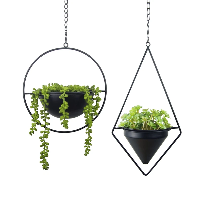 HemePaha Metal Hanging Planters, Boho Geometric Plant Hanger with Pot, Set of 2 Black Plant Holder in Diamond and Round Shape, Small Wall and Ceiling Planter for Indoor Plants, Home Décor- Black