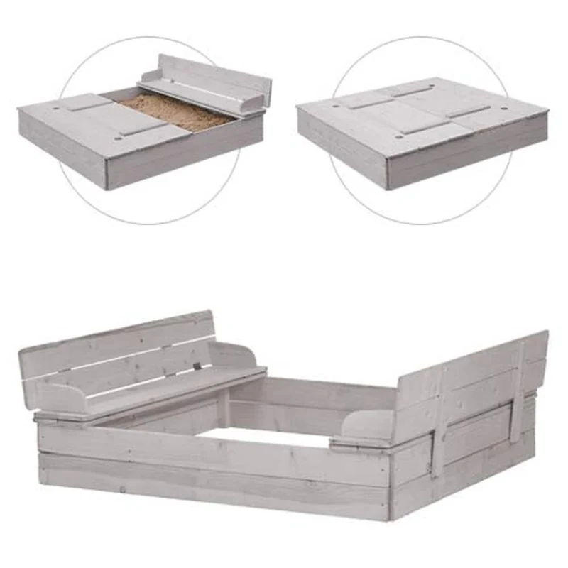 roba Sandbox with Foldable Lid into 2 Benches - Sandbox with Integrated Cover - Bench with backrest - Made of Weather-Resistant Solid Wood - Grey Stained Wood