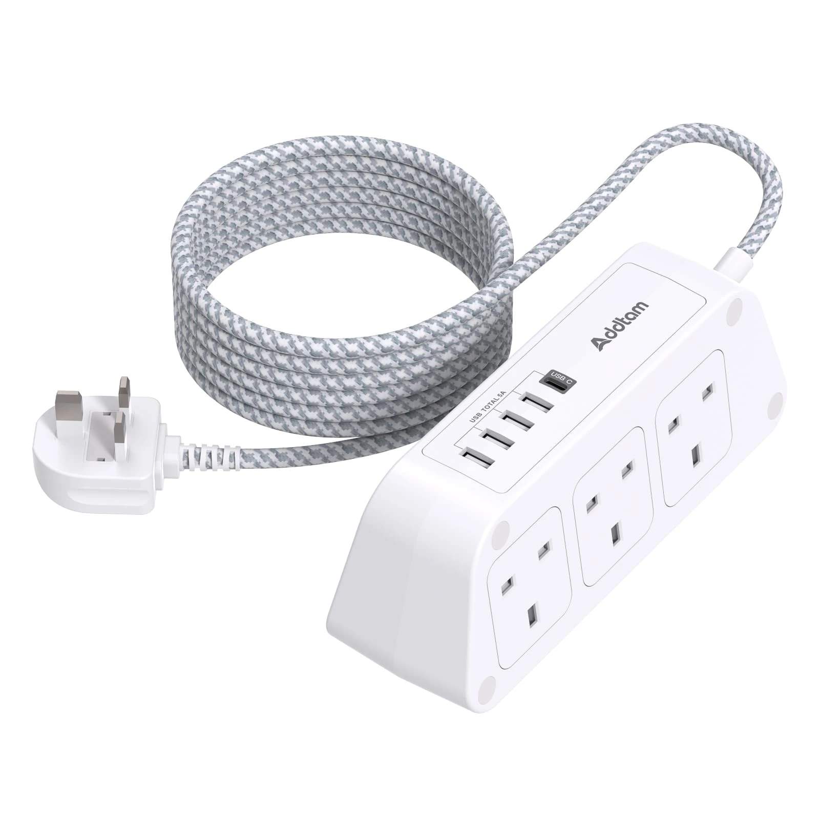 Extension Lead with USB Slots，6 Way Outlets 5 USB(5A, 1 USB- C and 4 USB-A Port) with 1.6M Braided Extension cord, 3250W Overload Protection，Security Surge Protection Plug Extension Socket