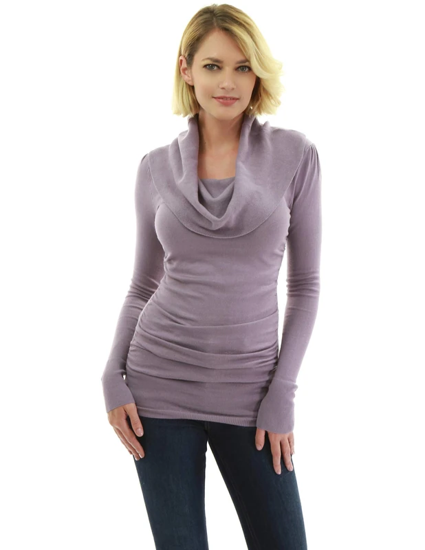 AmélieBoutik Women Cowl Neck Long Sleeve Ruched Sides Pullover Tunic Jumper (Lavender X-Small 8)