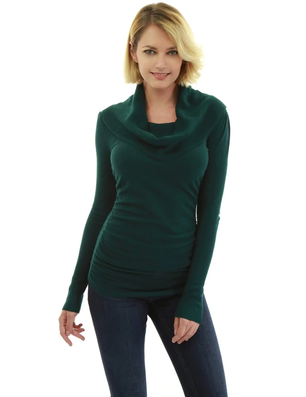 AmélieBoutik Women Cowl Neck Long Sleeve Ruched Sides Pullover Tunic Jumper (Dark Green X-Small 8)