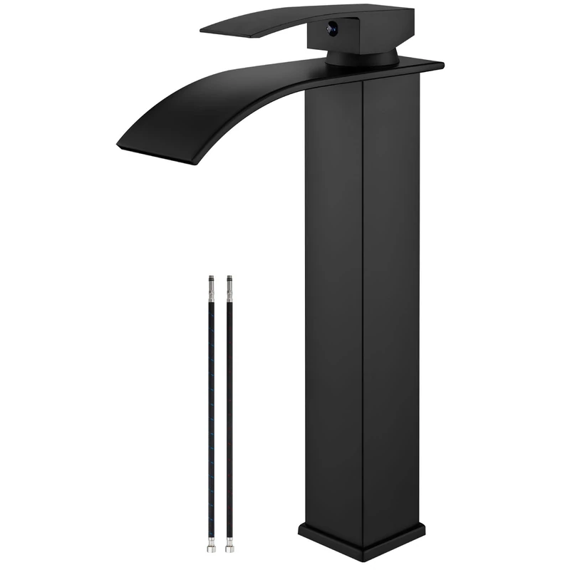 Airuida Matte Black Tall Waterfall Bathroom Faucet Brass Single Handle Single Hole Deck Mount Mixer Tap with Large Rectangular Spout Sink Faucet Lavatory Vanities